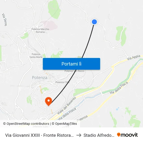 Via Giovanni XXIII - Fronte Ristorante Singapore to Stadio Alfredo Viviani map