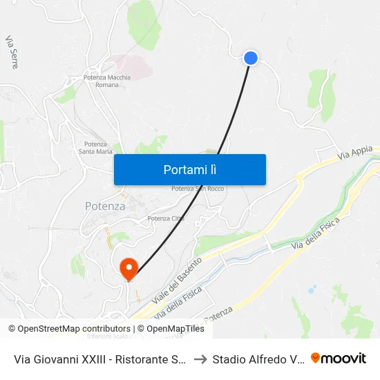 Via Giovanni XXIII - Ristorante Singapore to Stadio Alfredo Viviani map