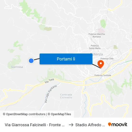 Via Giarrossa Falcinelli - Fronte Civico N. 54 to Stadio Alfredo Viviani map