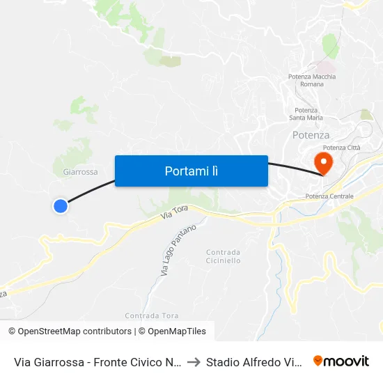 Via Giarrossa - Fronte Civico N. 115 to Stadio Alfredo Viviani map