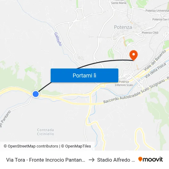 Via Tora - Fronte Incrocio Pantano Di Pignola to Stadio Alfredo Viviani map