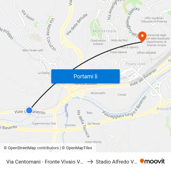 Via Centomani - Fronte Vivaio Valenzano to Stadio Alfredo Viviani map