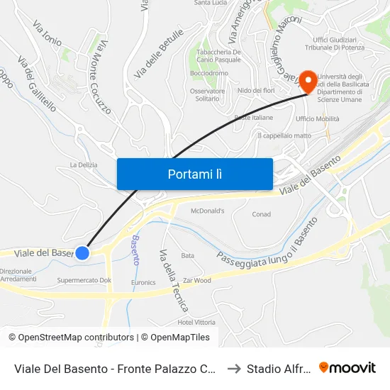 Viale Del Basento - Fronte Palazzo Coldiretti/Farmacia San Gerardo to Stadio Alfredo Viviani map