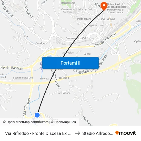 Via Rifreddo - Fronte Discesa Ex Vivaio Basento to Stadio Alfredo Viviani map