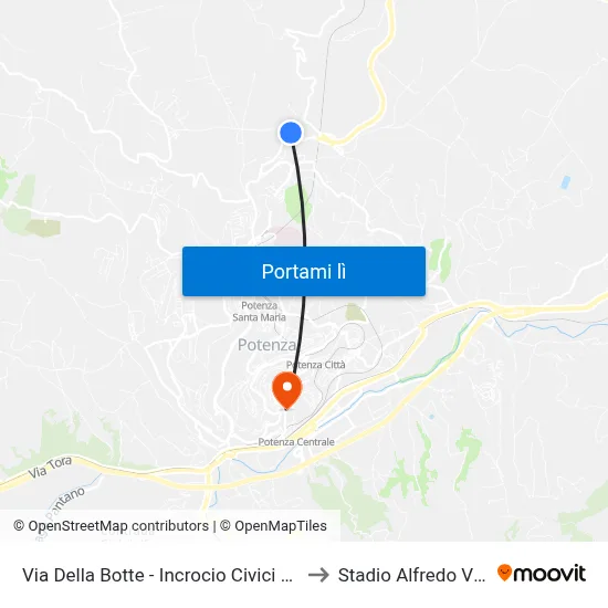 Via Della Botte - Incrocio Civici N. 22-24 to Stadio Alfredo Viviani map