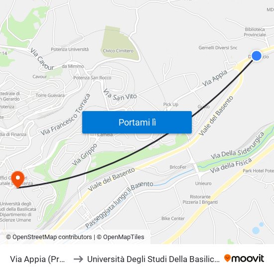 Via Appia (Pross. Via Dei Mille) to Università Degli Studi Della Basilicata Dipartimento Di Scienze Umane map