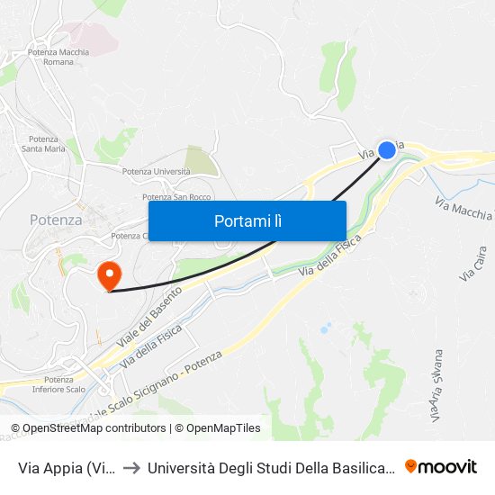 Via Appia (Vigili Del Fuoco) to Università Degli Studi Della Basilicata Dipartimento Di Scienze Umane map