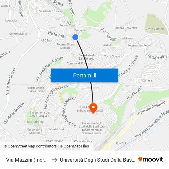 Via Mazzini (Incr. Via Caserma Lucania) to Università Degli Studi Della Basilicata Dipartimento Di Scienze Umane map