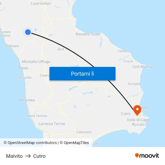 Malvito to Cutro map