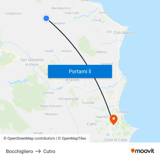 Bocchigliero to Cutro map