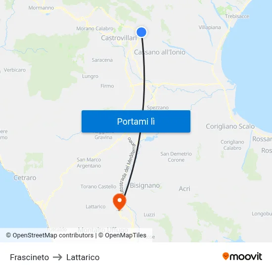Frascineto to Lattarico map