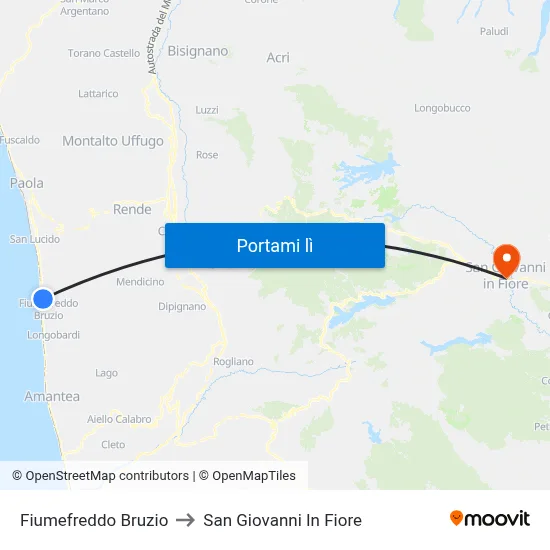 Fiumefreddo Bruzio to San Giovanni In Fiore map