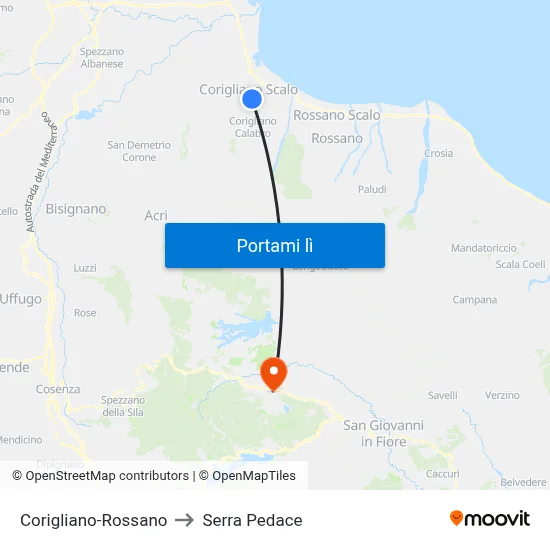Corigliano-Rossano to Serra Pedace map