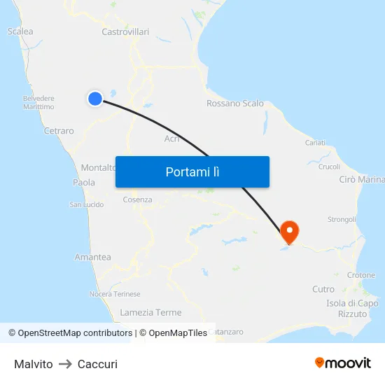 Malvito to Caccuri map