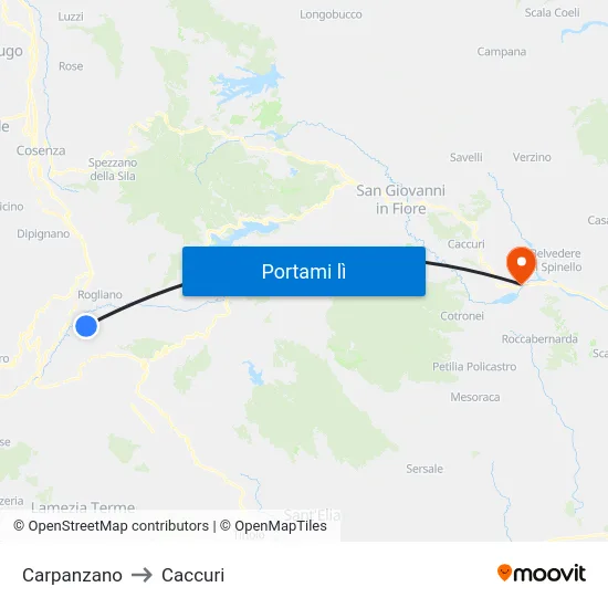 Carpanzano to Caccuri map