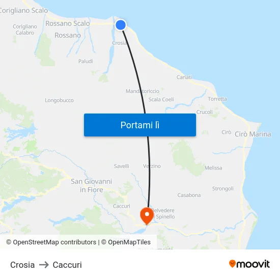 Crosia to Caccuri map