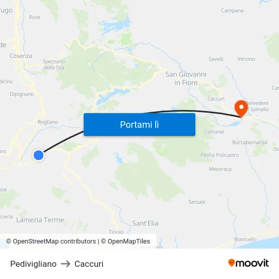 Pedivigliano to Caccuri map