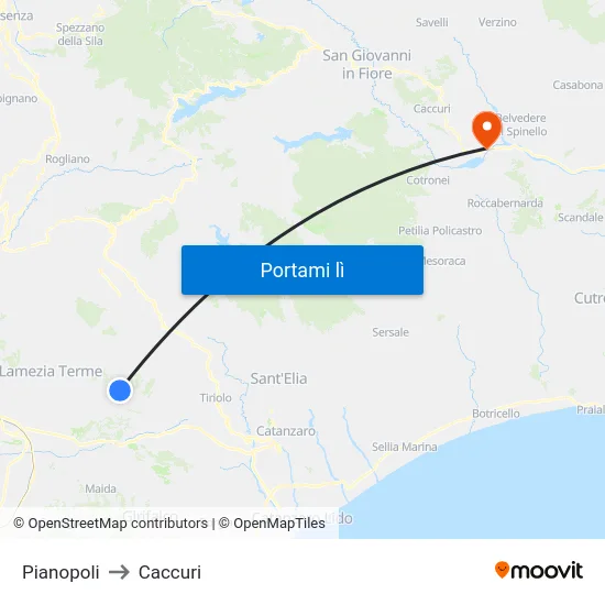 Pianopoli to Caccuri map
