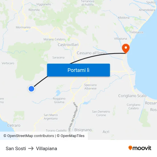 San Sosti to Villapiana map