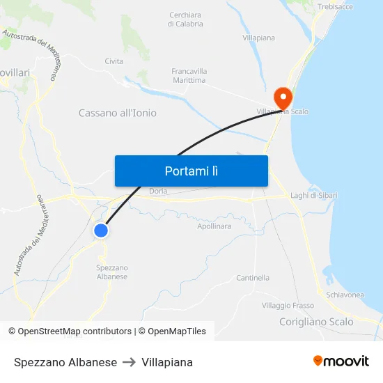 Spezzano Albanese to Villapiana map