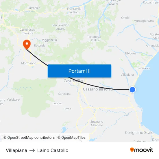 Villapiana to Laino Castello map