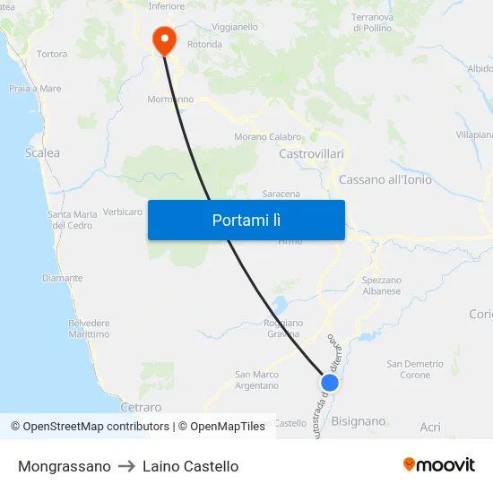 Mongrassano to Laino Castello map