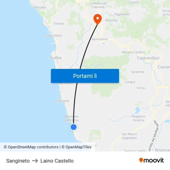 Sangineto to Laino Castello map