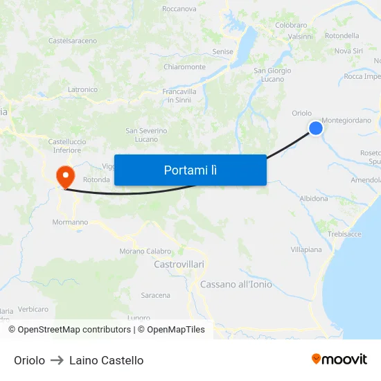 Oriolo to Laino Castello map