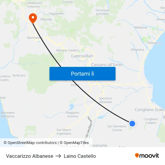 Vaccarizzo Albanese to Laino Castello map