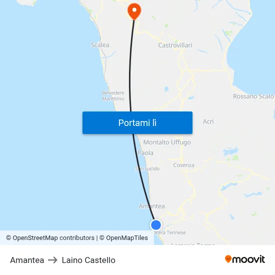 Amantea to Laino Castello map