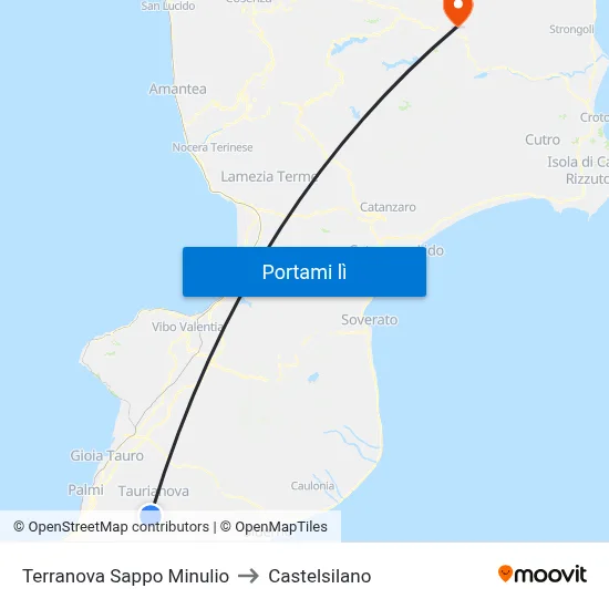 Terranova Sappo Minulio to Castelsilano map