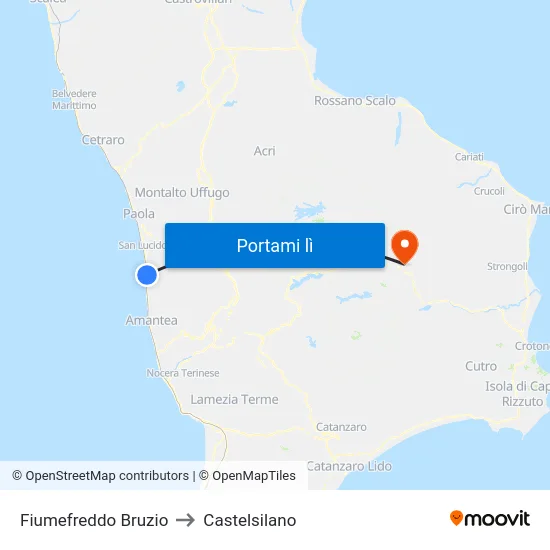 Fiumefreddo Bruzio to Castelsilano map
