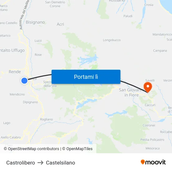Castrolibero to Castelsilano map