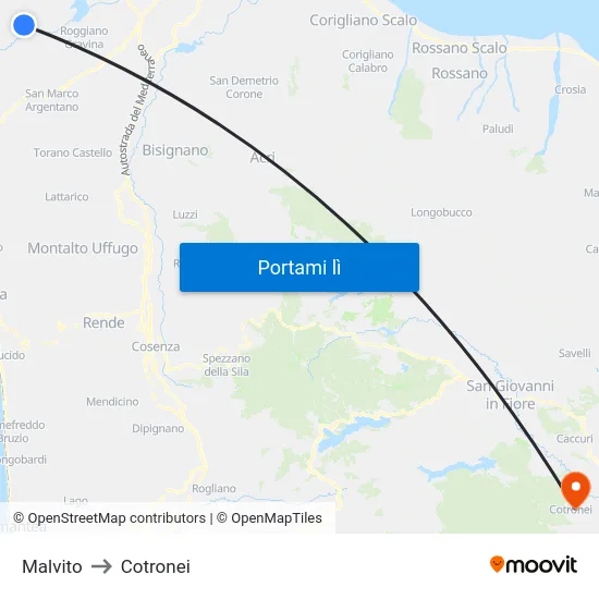 Malvito to Cotronei map