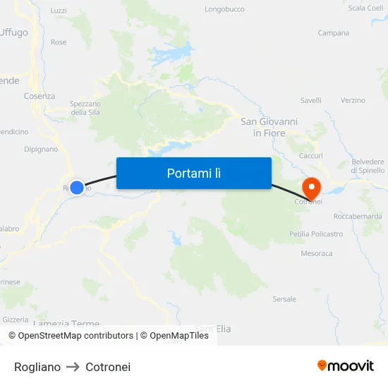 Rogliano to Cotronei map