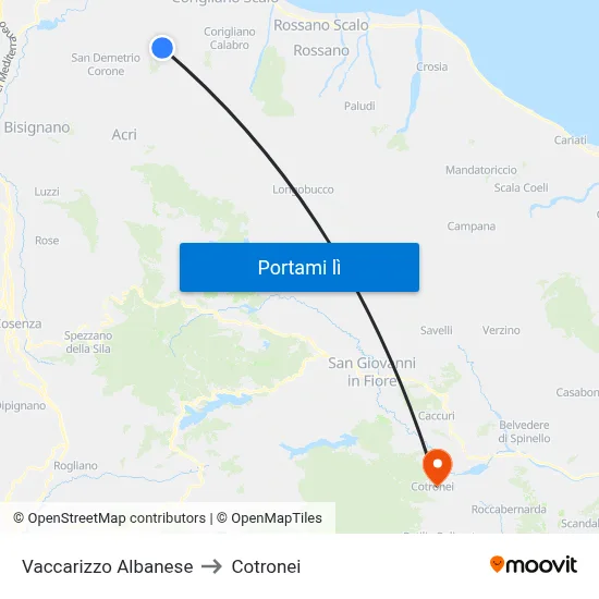 Vaccarizzo Albanese to Cotronei map