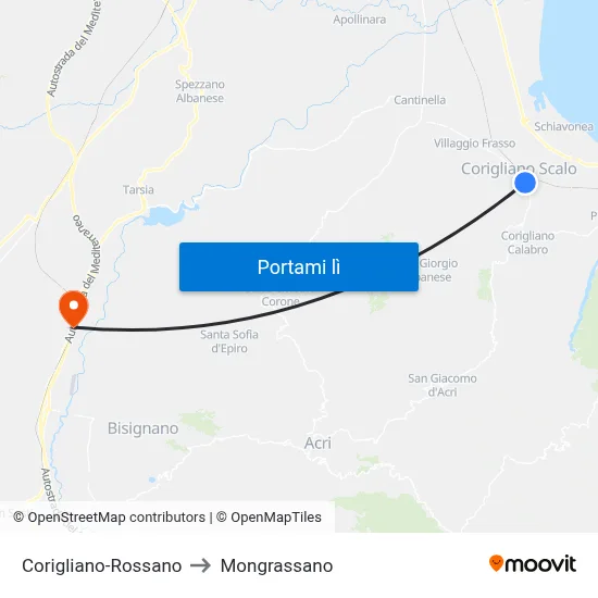 Corigliano-Rossano to Mongrassano map