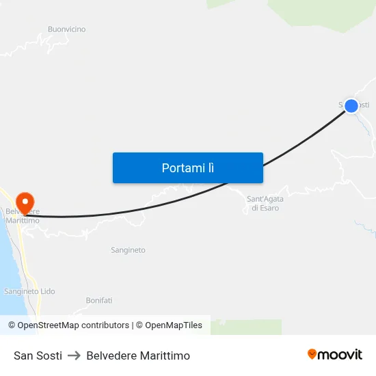San Sosti to Belvedere Marittimo map