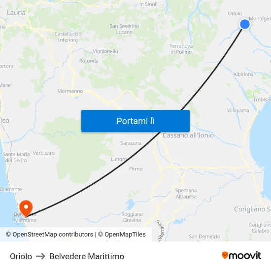 Oriolo to Belvedere Marittimo map