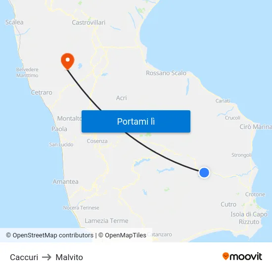 Caccuri to Malvito map