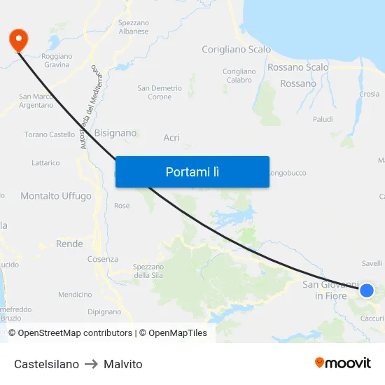 Castelsilano to Malvito map