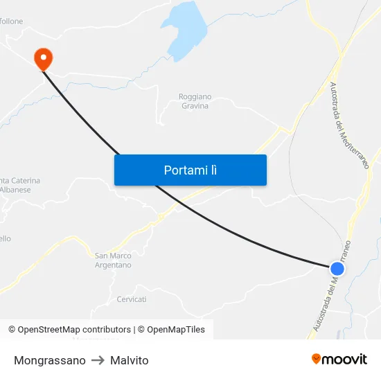 Mongrassano to Malvito map
