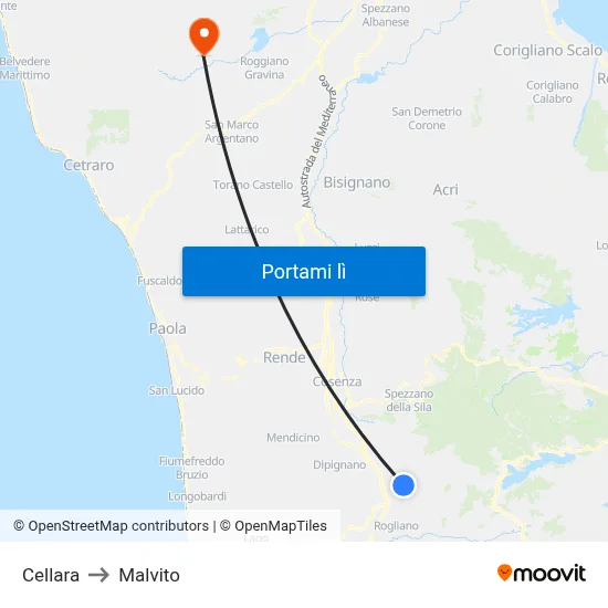 Cellara to Malvito map