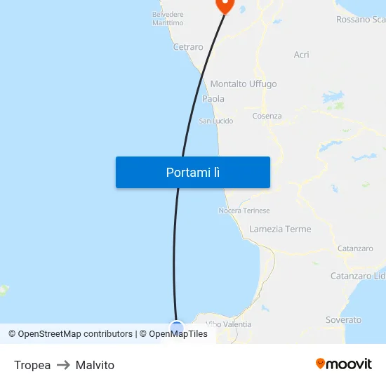 Tropea to Malvito map
