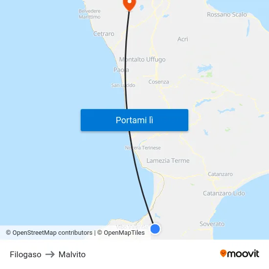 Filogaso to Malvito map