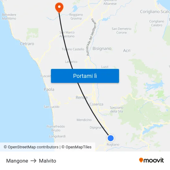 Mangone to Malvito map