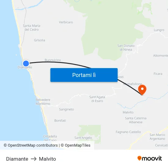 Diamante to Malvito map