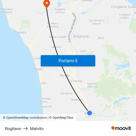 Rogliano to Malvito map