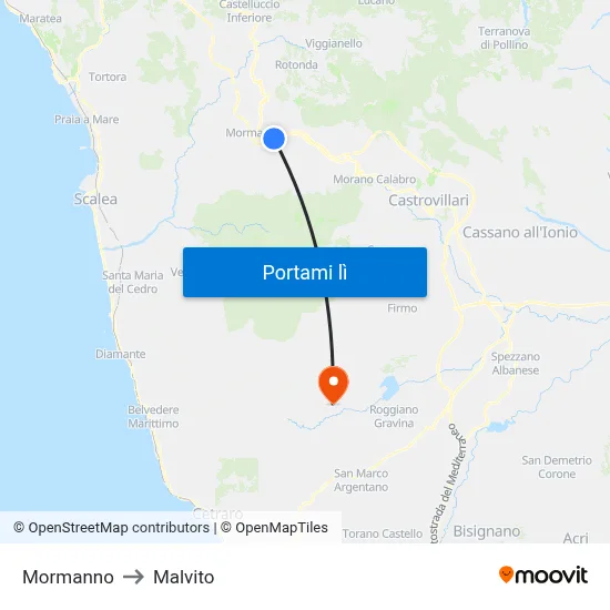 Mormanno to Malvito map