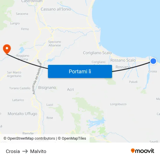 Crosia to Malvito map